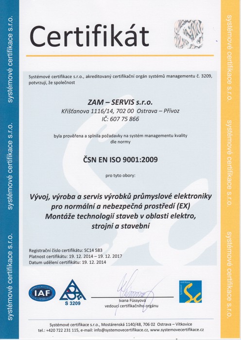 ISO 9001:2009 ZAM SERVIS s.r.o.